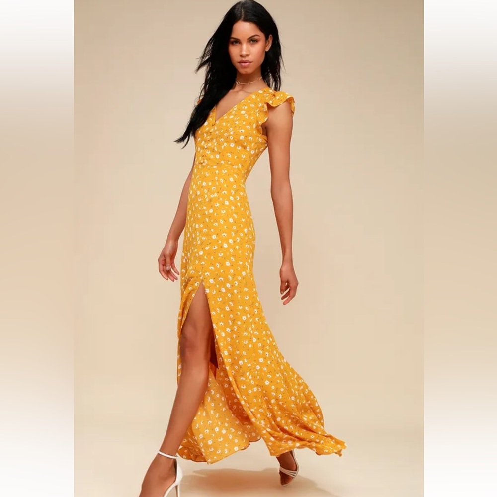 Lulu's Fresh Picked Mustard Yellow Floral Print Backless Maxi Dress